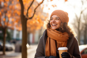 Woman wearing scarf and drinking pumpkin latte enjoys activities to improve your mood