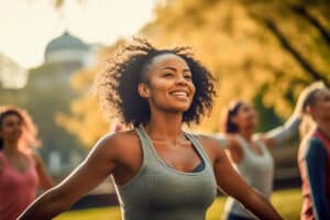 Woman works out in park after learning how exercise helps fight depression