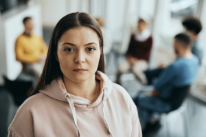 Woman looks into camera as she ponders who can benefit from cognitive behavioral therapy